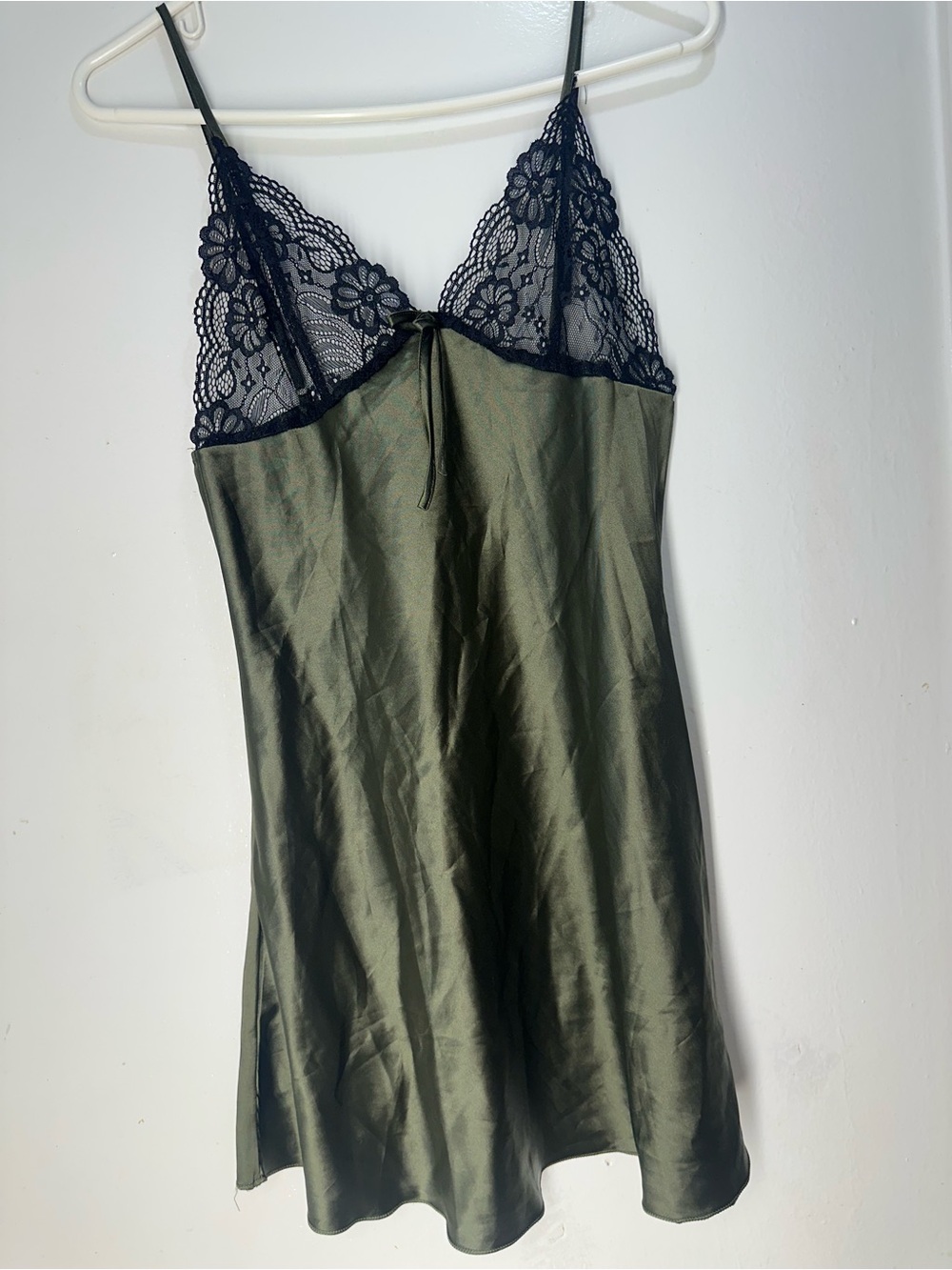 Olive Satin Slip with Black Lace Trim - Women's Chemise